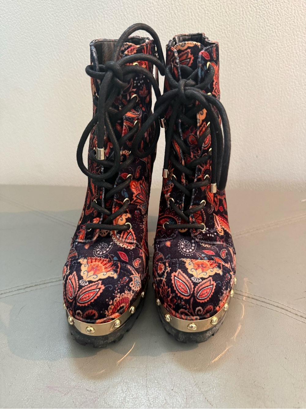 Jessica Simpson Paisley Lace-Up Platform Ankle Boots - Black, Red & Orange - Picture 3 of 5